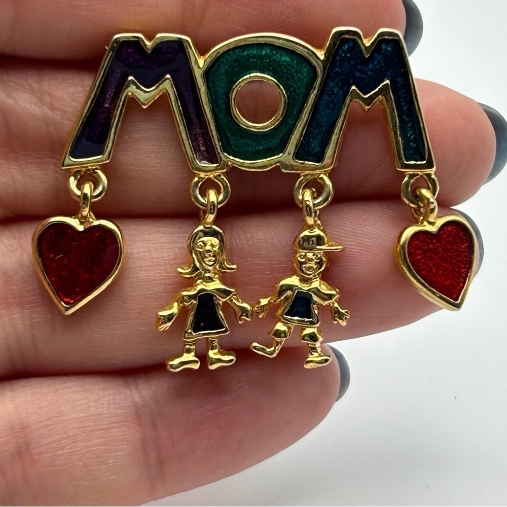 Vintage Gold Tone Mom Mother Brooch Enamel Boy and Girl Mother's Day Present